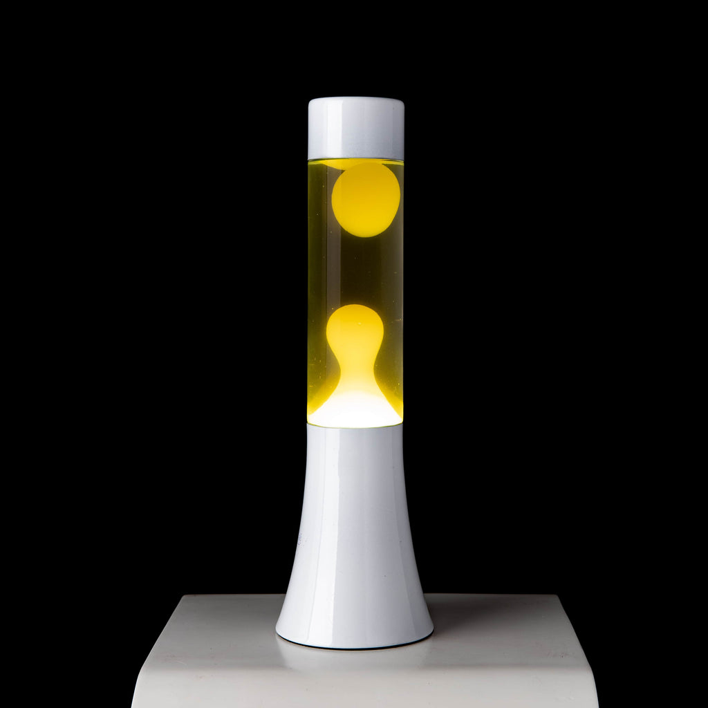 Lámpara de lava amarilla de 30 cm con base blanca y líquido transparente