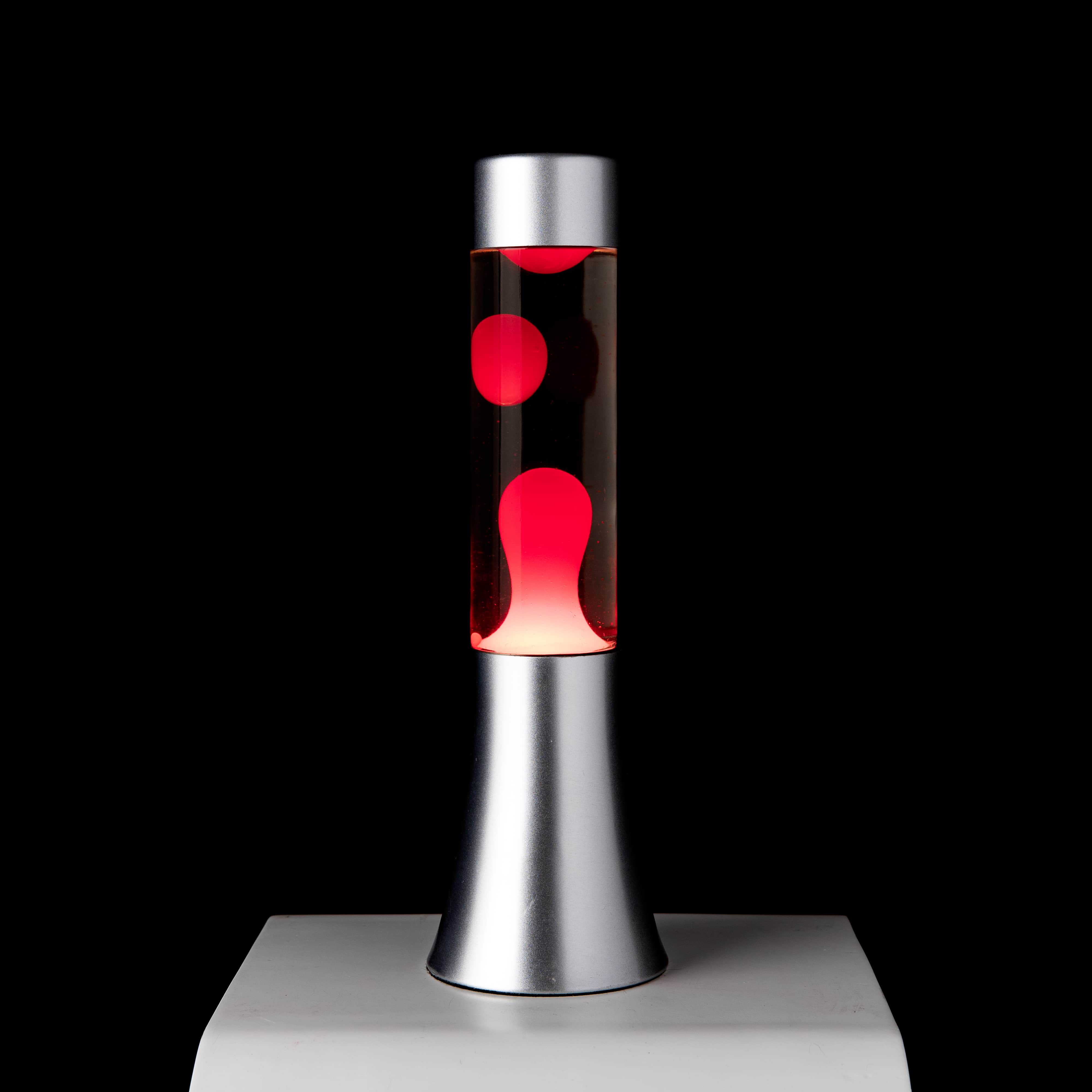 Lámpara de lava roja de 30 cm con base plateada y líquido transparente