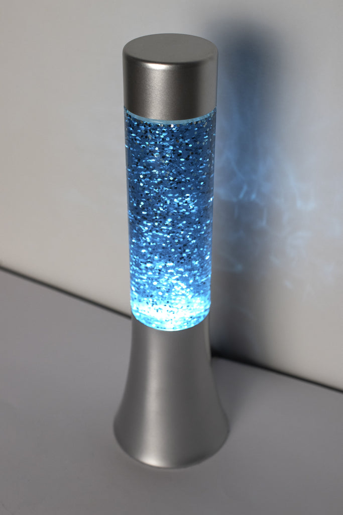 Lámpara de lava glitter de 30 cm con base plateada y líquido azul