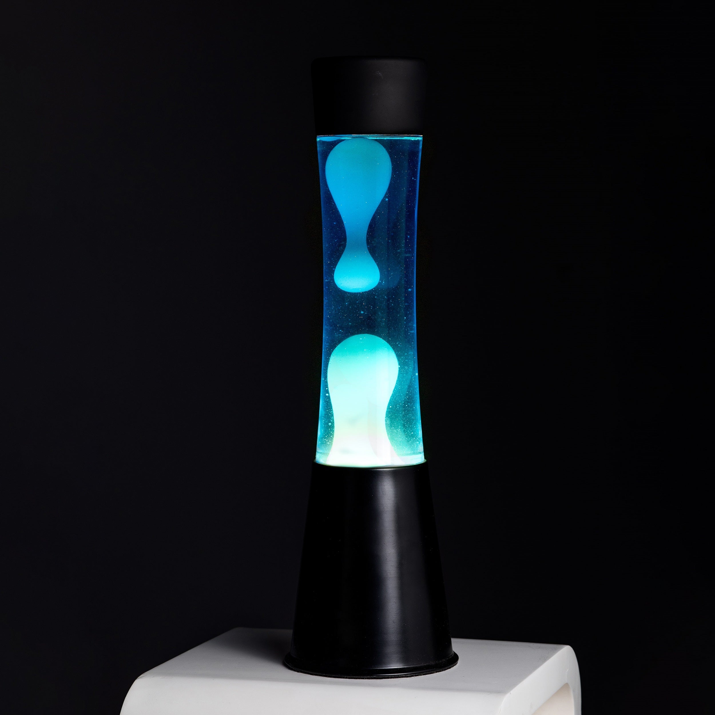 Lámpara de lava blanca de 40 cm con base negra y líquido azul